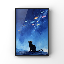 絵画。壁掛け原画【青い空の下のピアノの曲と楽しい猫たち】 絵画。壁掛け原画【ピアノ部屋で音楽を聴くのが好きなかわいい黒猫