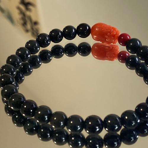 BR7-99 一点物 グアテマラ産 黒翡翠 A貨 メノウ貔貅 ブレスレット