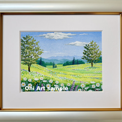 ひまわりの丘07」透明水彩画 原画 風景画 額縁付 6Fサイズ 絵画 Oni