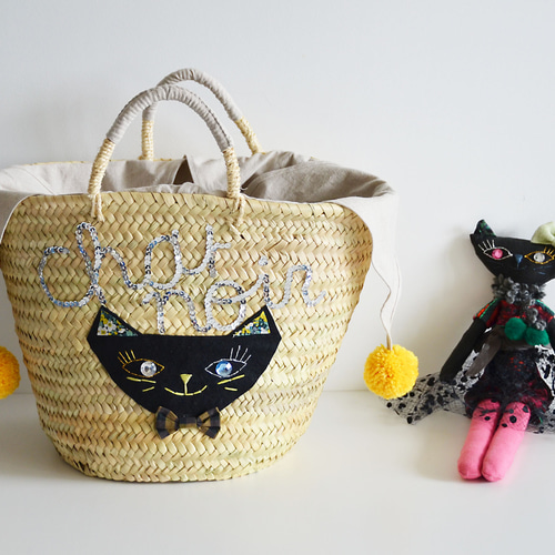 数量限定 黒猫ルルのスパンコール ポンポンかごバッグ ~Chat