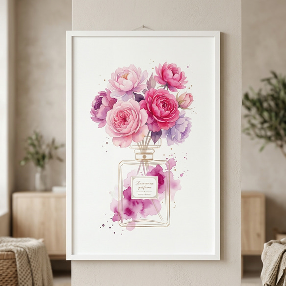 アートポスター 香水瓶 薔薇 牡丹 ピンク ゴールド 水彩