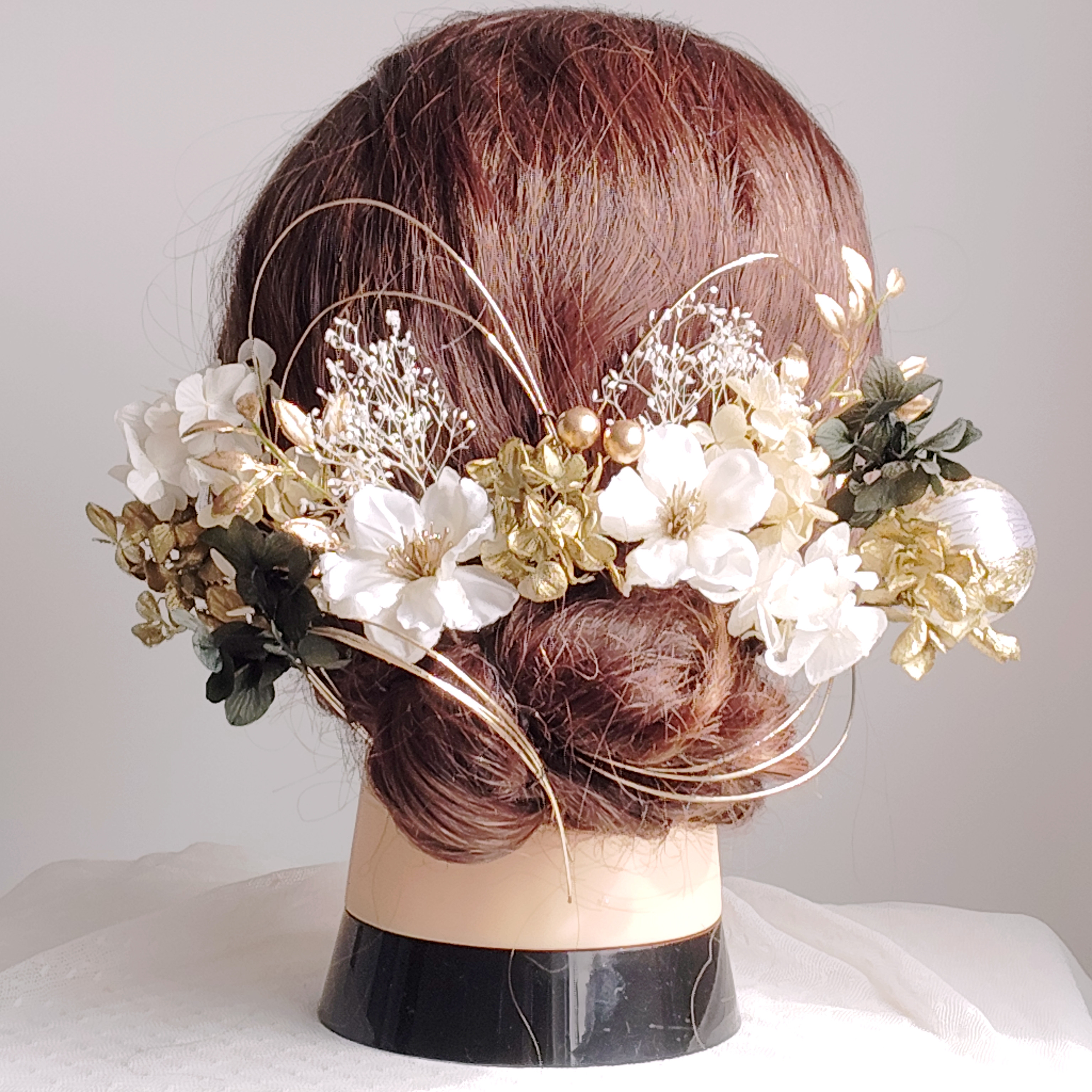 小花と水引の髪飾り　結婚式　成人式　卒業式　花嫁　和装　白無垢　色打掛　着物　ヘッドドレス　前撮り　振袖　袴　鞠玉