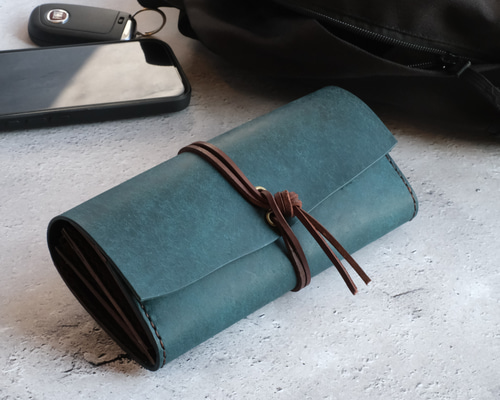 長財布シンプル本革手縫い guruguru長財布 ブルー］春財布 本革手縫い 大容量 紐 グルグル 革財布