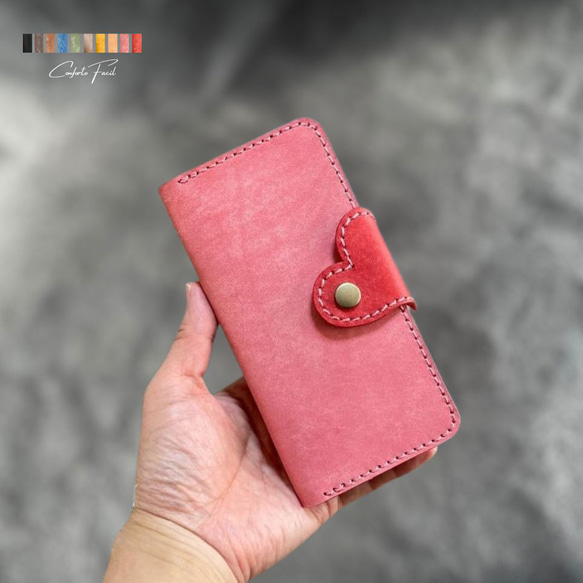 ◆一番人気◆9色◆イタリアンレザーハート本革手帳型スマホケース・[多機種対応]iPhone17・pixel 1枚目の画像