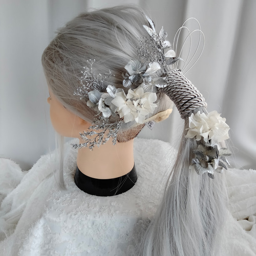 水引とシルバーの組紐の髪飾り ポニーテール タイトポニー シャイニー