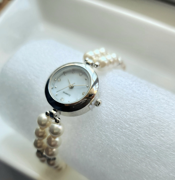 【変更有り】大人気♪<受注制作>ブレス腕時計(パール･ホワイト系シルバー)･A {yukky.} 6枚目の画像