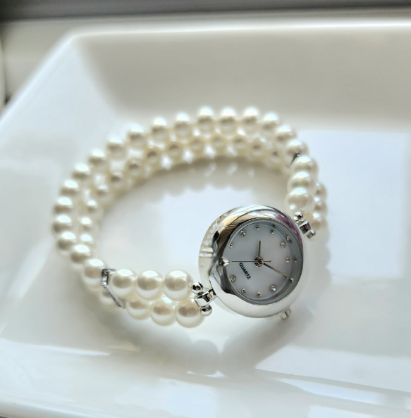 【変更有り】大人気♪<受注制作>ブレス腕時計(パール･ホワイト系シルバー)･A {yukky.} 7枚目の画像