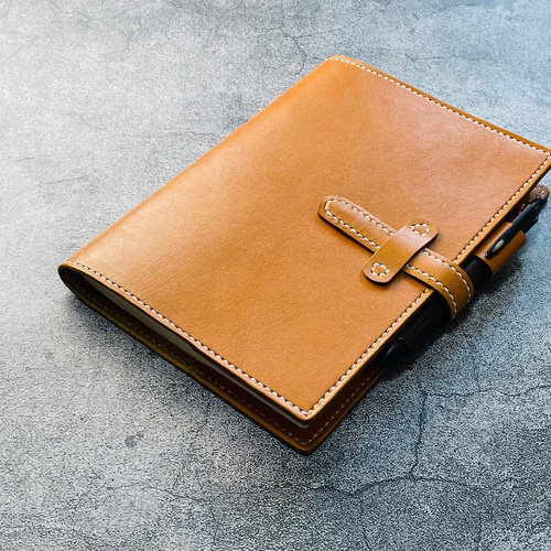 手縫】キャメル色本革A5ノートブックカバー※アジャスト機能の