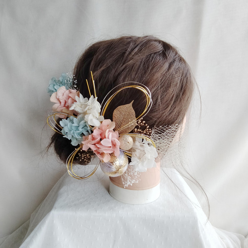 水引と和玉の三色の髪飾り 卒業式 成人式 結婚式 ドライフラワー  