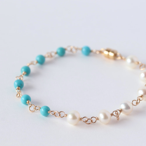 再販【14KGF】夏のブレスレットターコイズ＆淡水パール【12月・6月