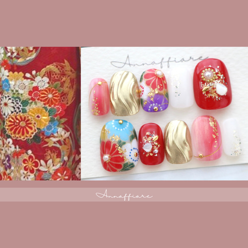 振袖柄オーダー♡和装ネイルチップ/振袖成人式浴衣白無垢着物和柄日本