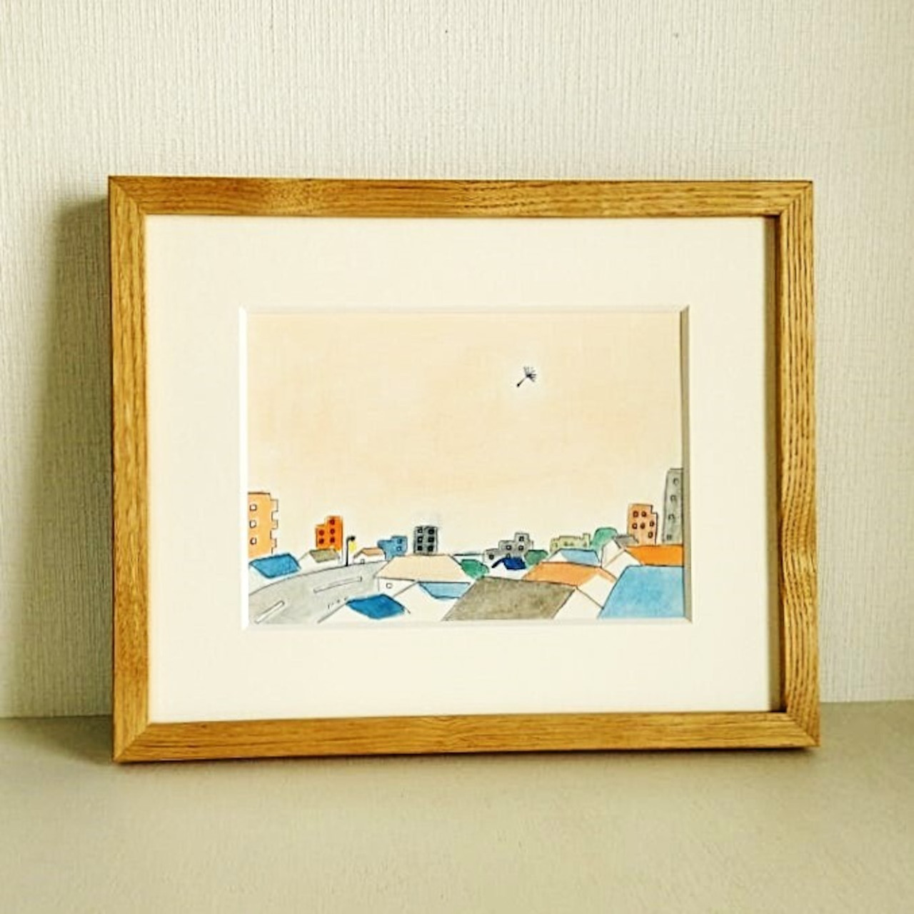 「夕方の町並み」イラスト 原画　※木製額縁入り（インチサイズ）北欧インテリア
