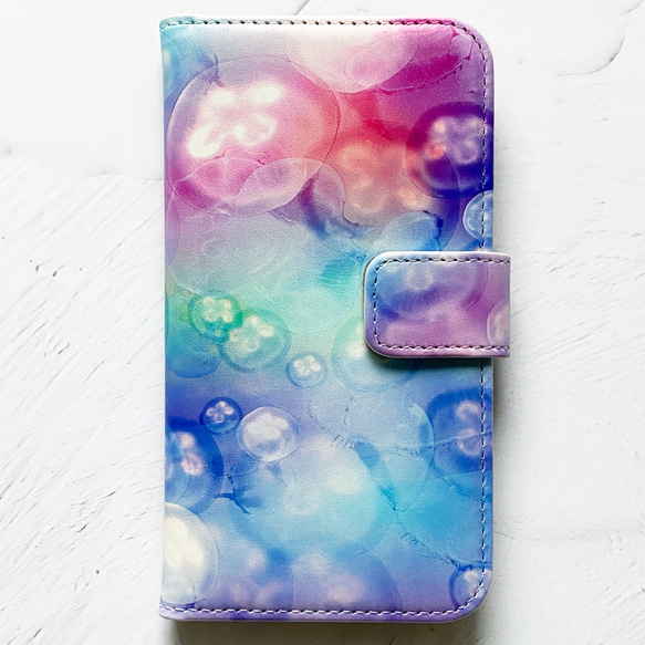 七色水母筆記本型 iPhone 保護殼智能手機保護殼/水母夏季海彩虹 iPhone13 iPhone14 第2張的照片