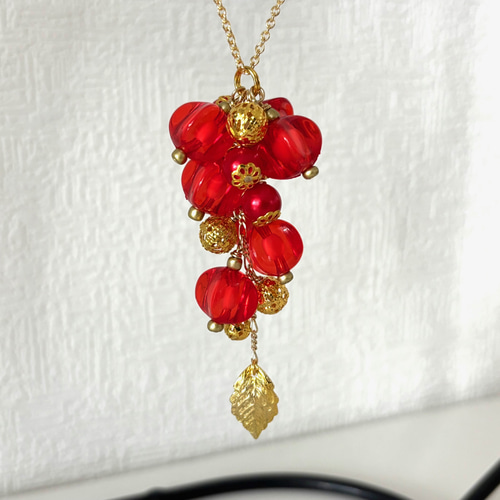 ネックレス 紅のほおずき風ビーズ ロング 和風 鬼灯 ホオズキ ゴールド