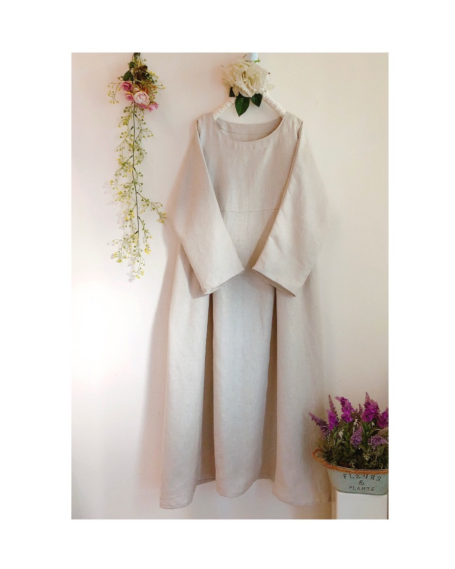 フレンチリネン100% ナチュラルワンピース。(ダークアイボリー)ロング丈