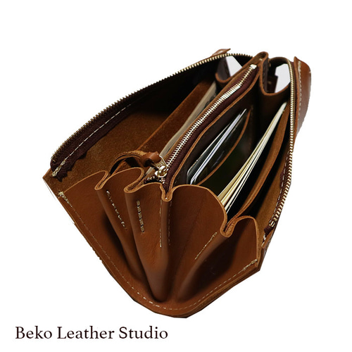 革の大きな長財布/ハンドメイド財布/リング付き/LV-camel 長財布