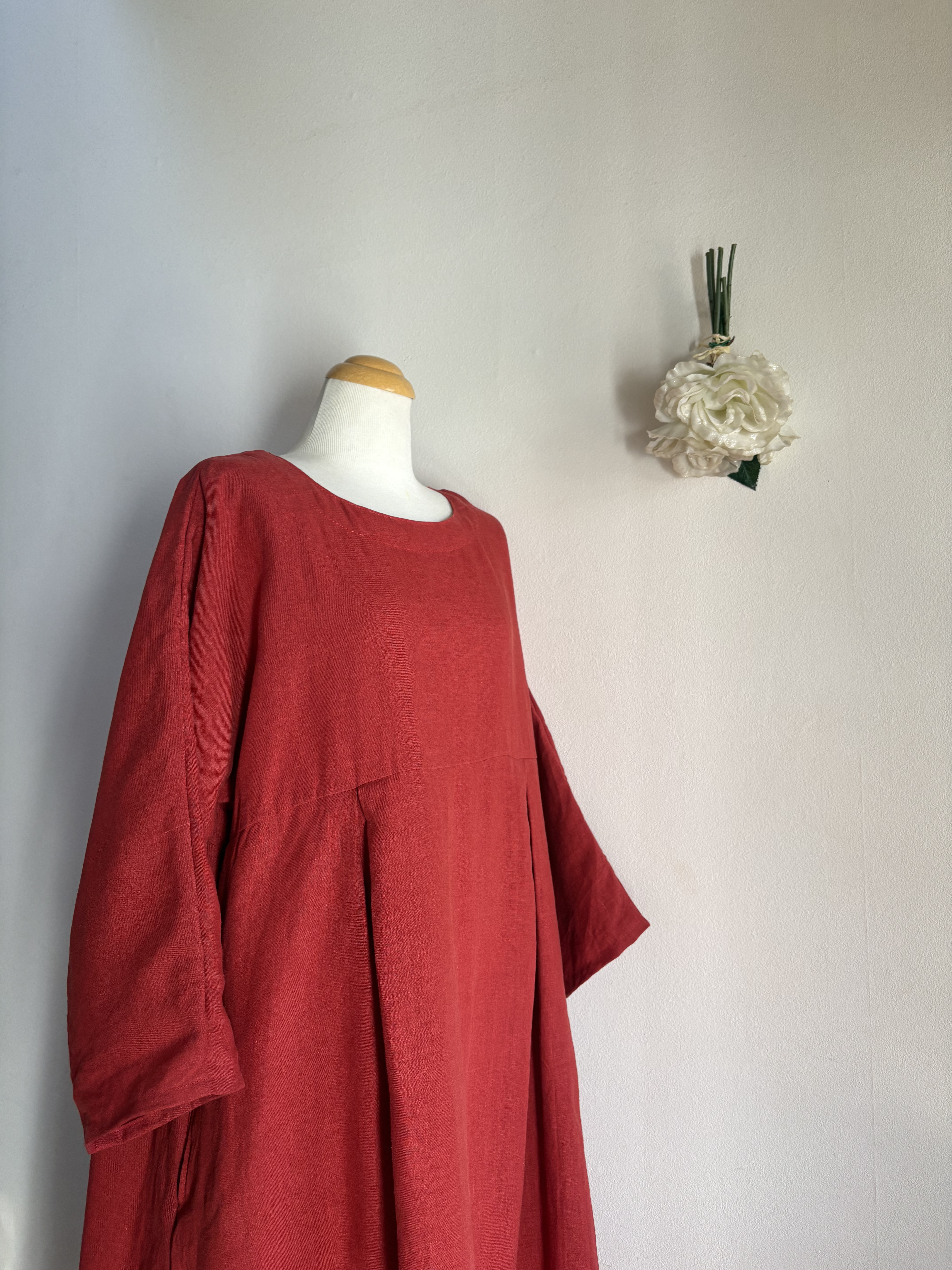 ロング丈 フレンチリネン100% ワンピース❤️レッド