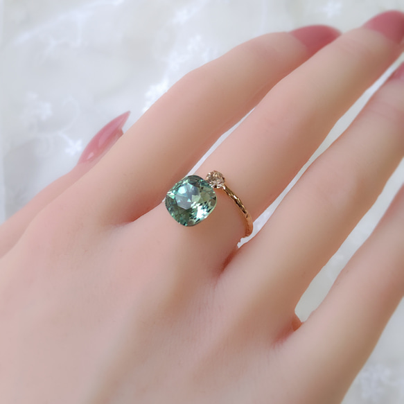【10mm】Erinite綠色|方形高品質水晶民間戒指|綠色 第5張的照片