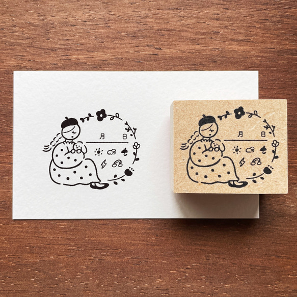 マールちゃん 手帳スタンプ 日付・天気 お花の枠（a-187）はんこ