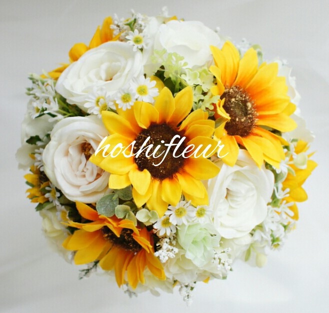 ひまわりブーケ+ブートニア♡ウェディングブーケひまわりブーケ結婚式ブーケ黄色ブーケ