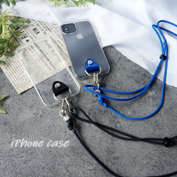 【ペア割】本革クロコ型押しレザー　落下防止スマホショルダー付き（黒×青）iPhoneケース 1枚目の画像