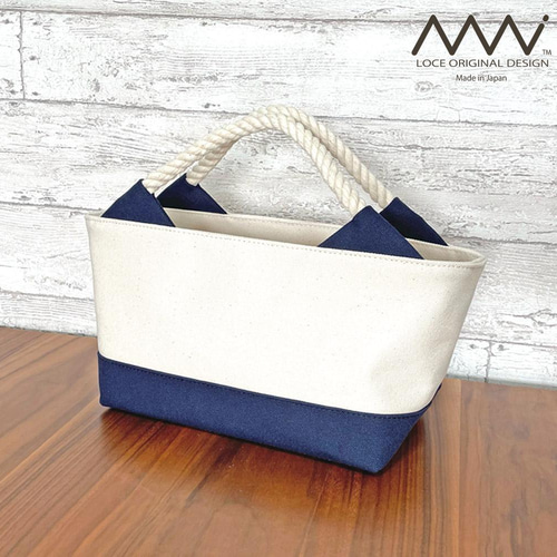 受注製作〗ロープ紐ハンドルのミニトートバッグ キナリxネイビー