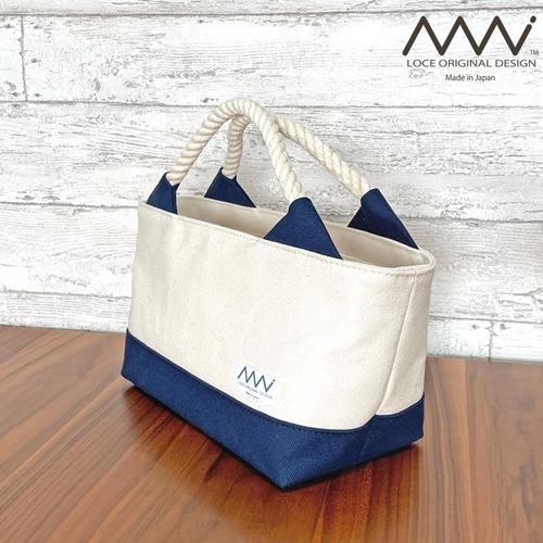 受注製作〗ロープ紐ハンドルのミニトートバッグ キナリxネイビー