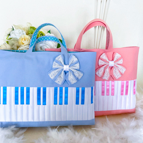 再販308レッスンバッグ*ピアノ*鍵盤*音楽*音楽袋*水色*水玉