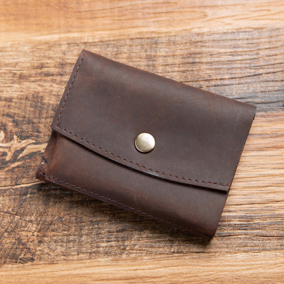 【限量特價】三折真皮迷你錢包，男女通用，巧克力色，HAW008 第3張的照片