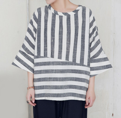 【送料無料再々々々々販】5〜7分袖ボーダー柄のリネン100ブラウス16001GAF