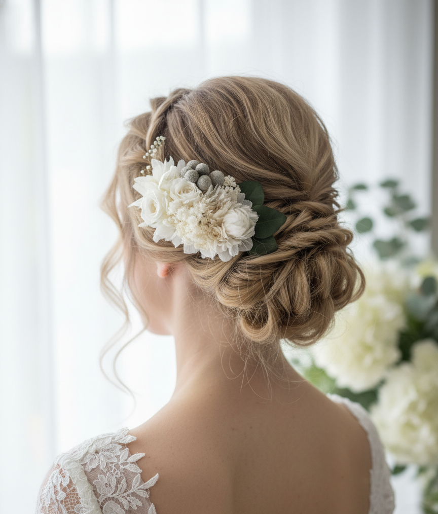 プリザーブドフラワーのバレッタ　ヘッドドレス　春の誕生花2026 フォーマル