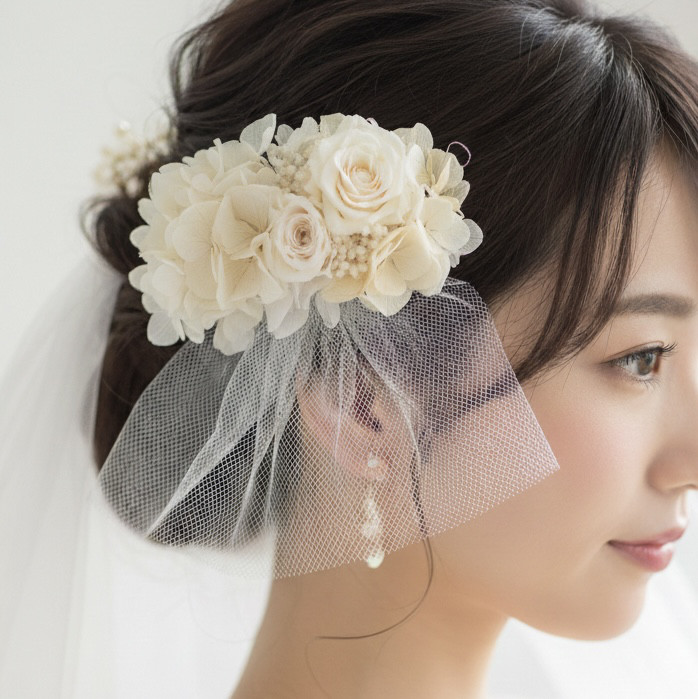 チュール付きプリザーブドフラワーのバレッタ　ヘッドドレス