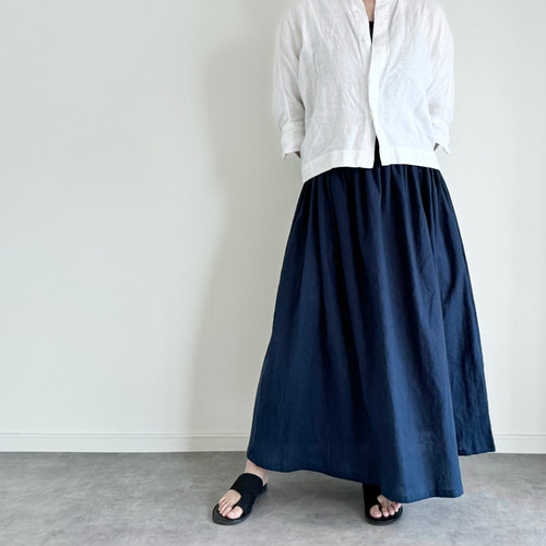 夏にさらりと快適♪ cottonリネンのギャザースカート ネイビー