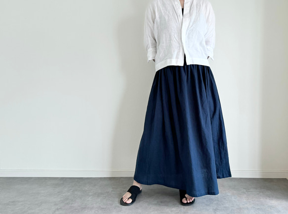 夏にさらりと快適♪ cottonリネンのギャザースカート ネイビー