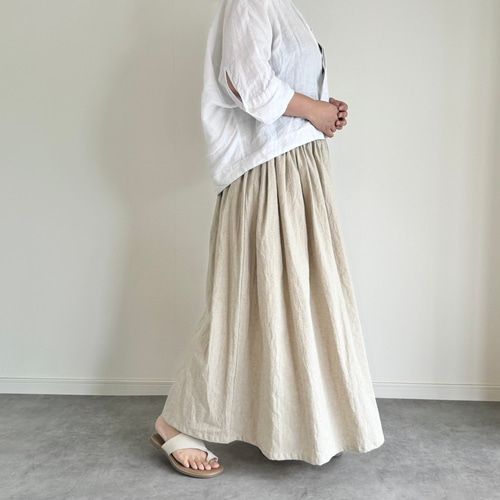 cottonリネンのギャザースカート 生成りベージュ ロングスカート cottonリネンのギャザースカート 生成りベージュ ロングスカート