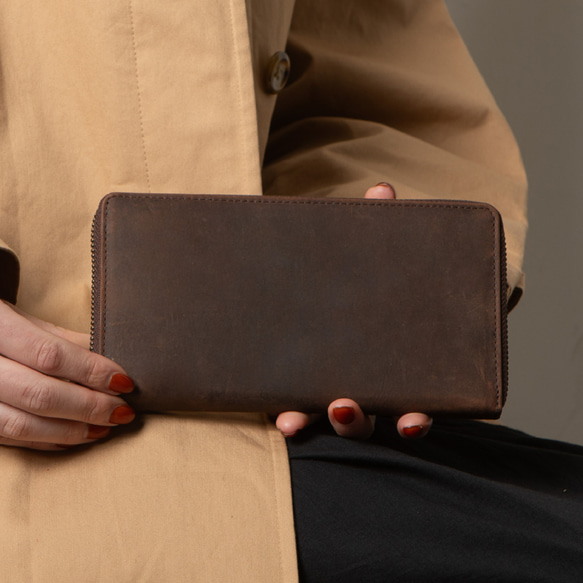 可刻印名稱  皮革全開式拉鍊長夾  焦糖色  牛皮  真皮 大容量 第11張的照片