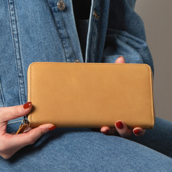 可刻印名稱  皮革全開式拉鍊長夾  焦糖色  牛皮  真皮 大容量 第1張的照片