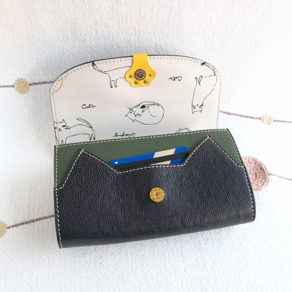 猫の手 肉球 牛革長財布(ゆったりサイズ)／黒ブラック 3枚目の画像
