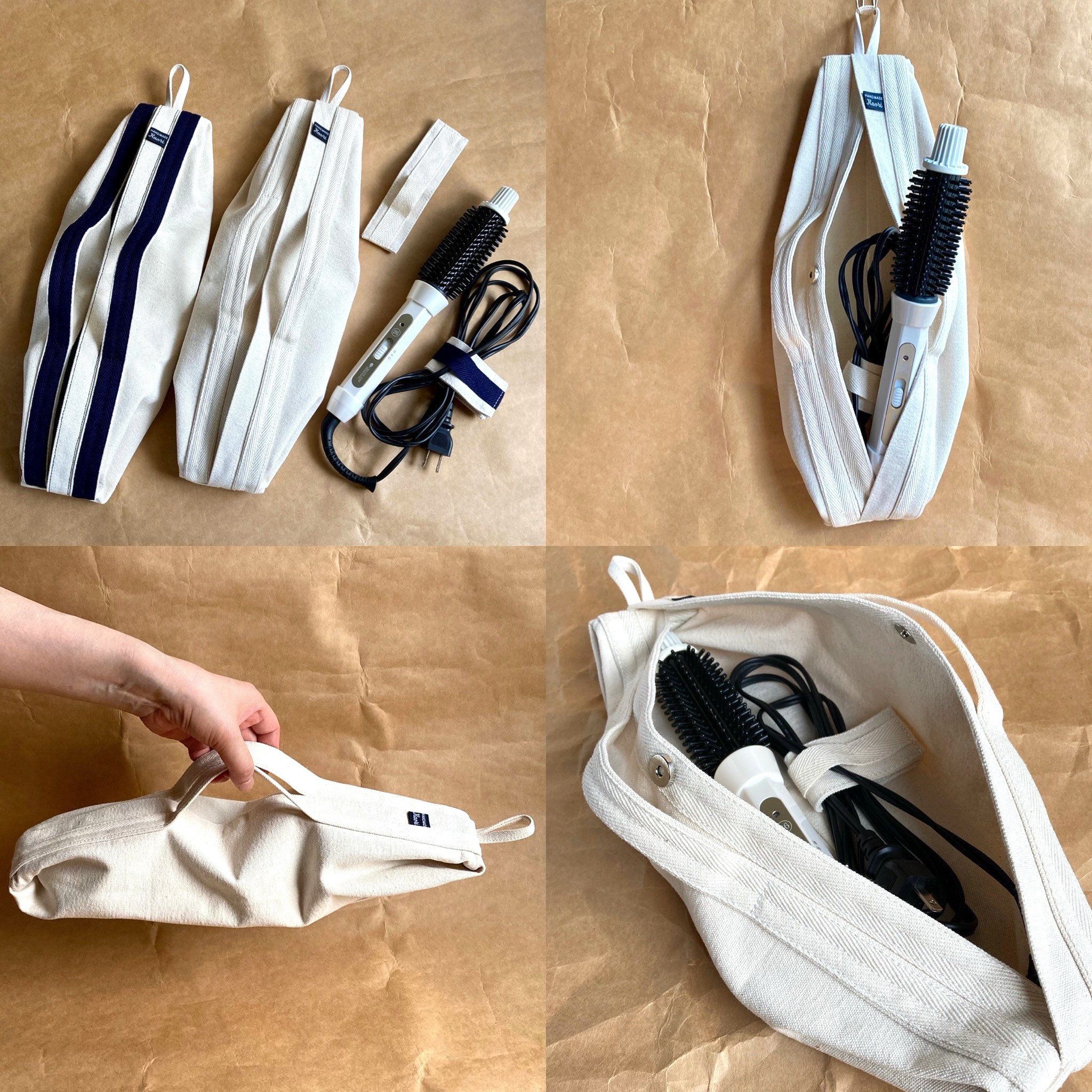 ❶洗面キッチン旅行に最適♪すっきり片付く吊るせる収納＊ヘアアイロンポーチ／ハンドブレンダーケース＊生成り帆布 キャンバス