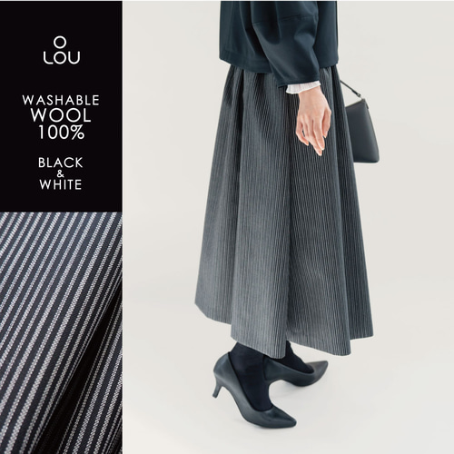洗えるウールでおしゃれを快適に 上質ストライプ 黒 グレー ロング