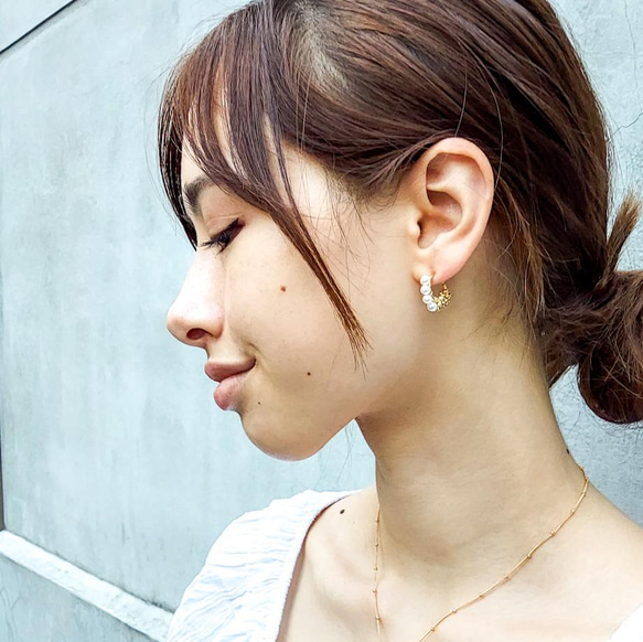 即納/送料無料Freshwater Pearl gold bi-color wraped earring／pierced 2枚目の画像