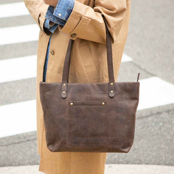 A4 手提包真皮單肩包姓名禮物女式男款時尚棕色 HAB005 第2張的照片