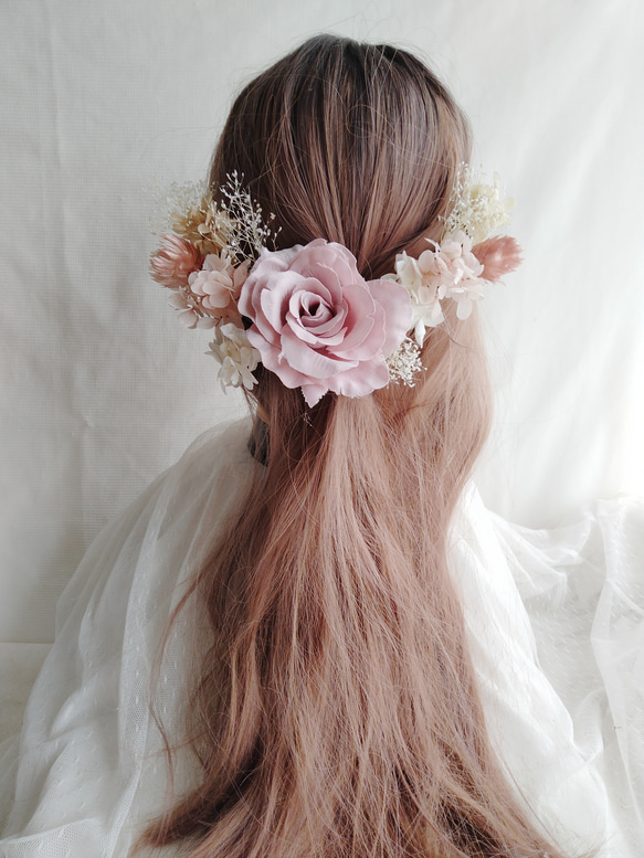 くすみピンク　バラ　薔薇　ばら　成人式　卒業式　結婚式　髪飾り　ヘッドドレス　ヘッドパーツ　フォトウェディング　和装　袴 1枚目の画像