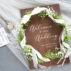 ホワイト リース付き 扉風 オブジェ 木製 ウェルカムボード
