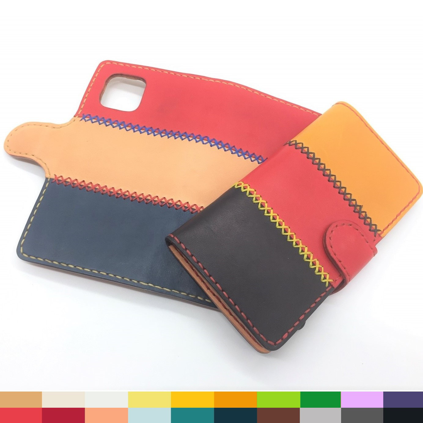 【22色から選べる・全機種対応・名入れ対応】ボーダーデザイン 革製手帳型スマホケース 栃木レザー iPhone 等