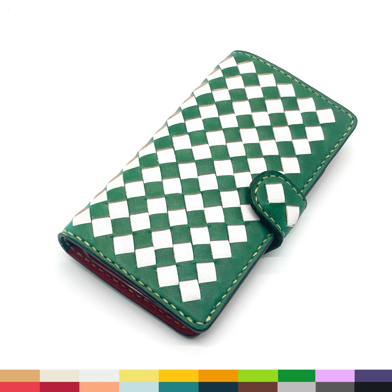【22色から選べる・iPhoneシリーズ全モデル対応・名入れ対応】市松模様イントレチャート 革製手帳型スマホケース