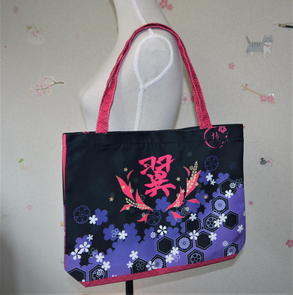 紫色櫻花日本圖案手提包卡哇伊印花布袋 第2張的照片