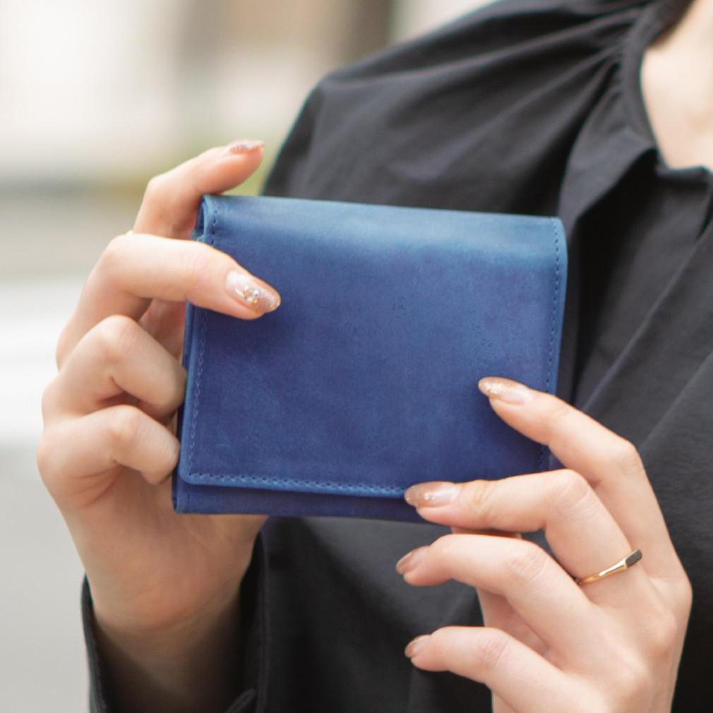 【手のひらサイズで大容量】本革 財布 コンパクト メンズ レディース おすすめ ネイビー HAW006