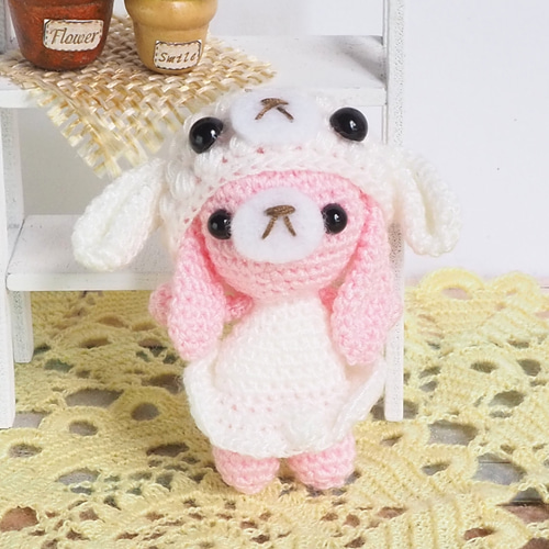 ハンドメイド あみぐるみ ぞうさん着ぐるみ くまちゃんキーホルダー 