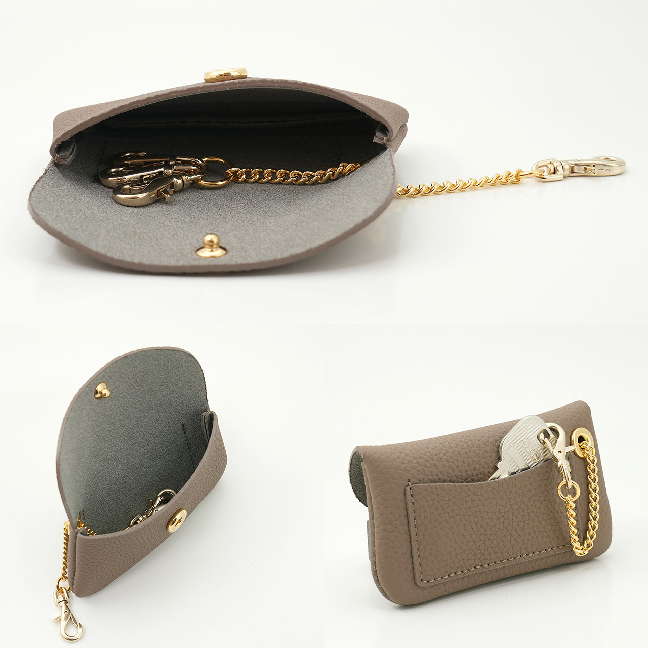 ドイツシュリンク カブセ型 キーケース 本革 ３連 喜平型チェーン M&Kスナップホック留め（トープ） ※金具ゴールド｜詳細画像